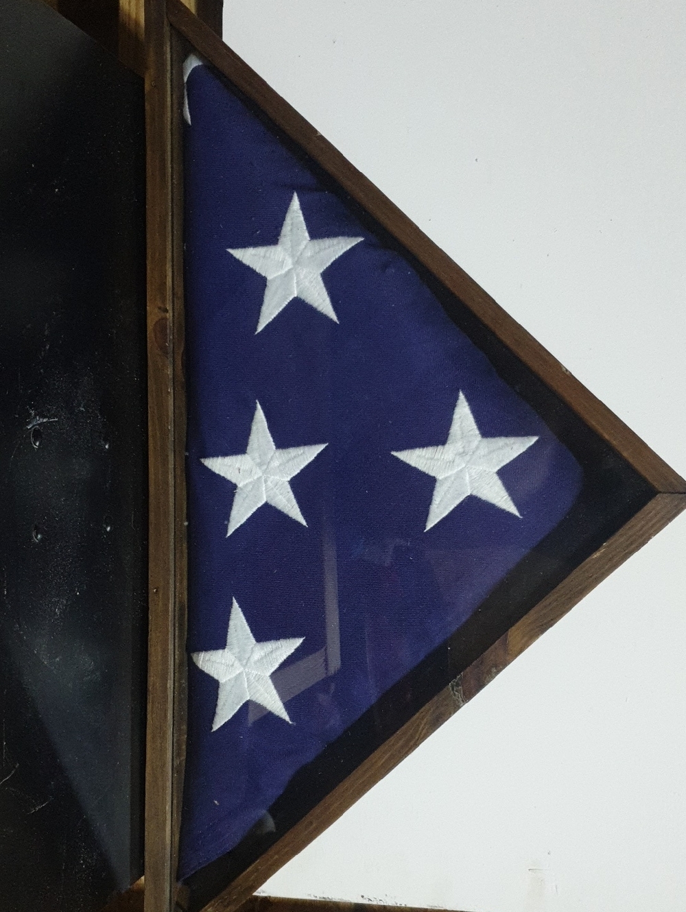 Folded Triangular Flag Display with White Stars on Deep Blue